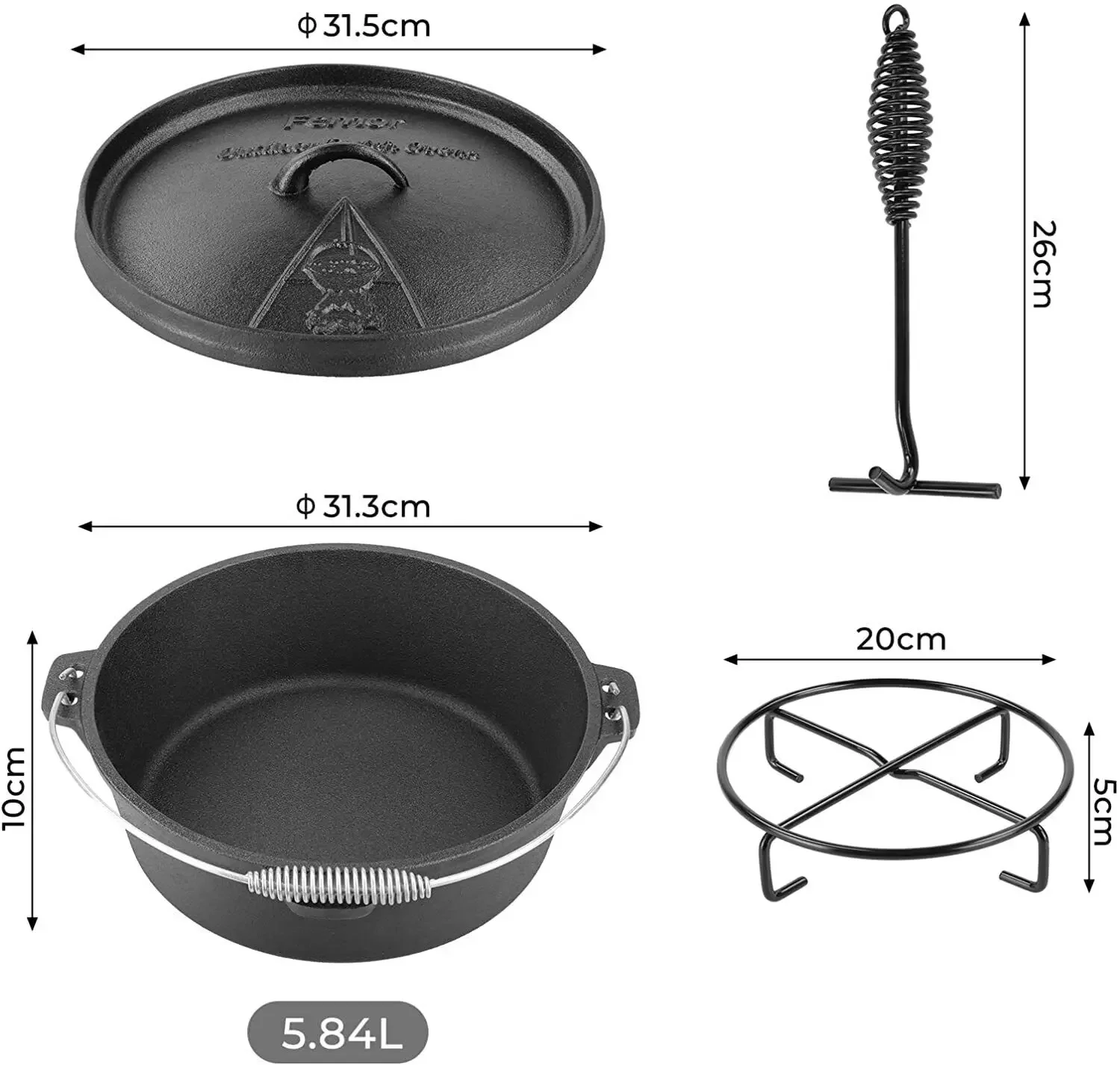 Femor Dutch Oven Cast Iron 5,8 - Camp Dutch Oven Cast 评论和价格